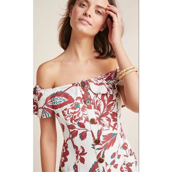 Anthropologie Oahu Linen Maxi Dress Cream Red Floral Size 12 NEW Boho Beach - Picture 3 of 11
